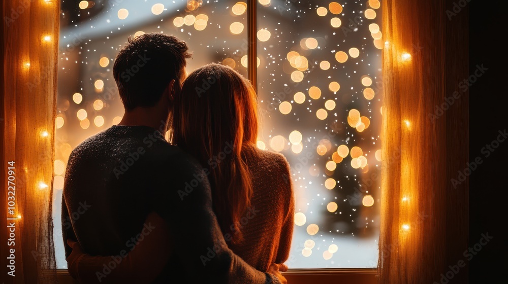 Couple embracing by a window with warm lights and snowfall outside. Couple embracing by a window with warm lights and snowfall outside.