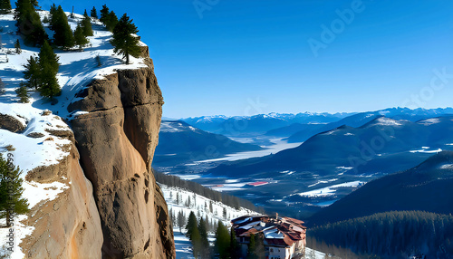 Panoramic view of a mountain cliff covered with snow and pine trees. The landscape extends to the snowy peaks and the valley with the village below.