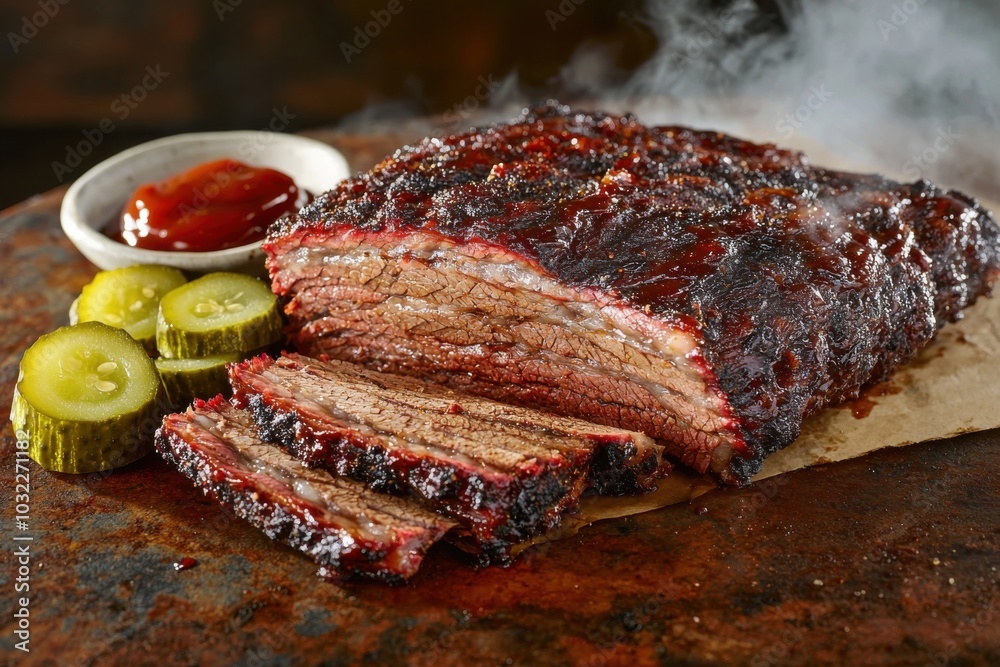 A beautifully smoked and sliced brisket served with pickles and ketchup, showcasing delicious barbecue cuisine. A beautifully smoked and sliced brisket served with pickles and ketchup, showcasing delicious barbecue cuisine.