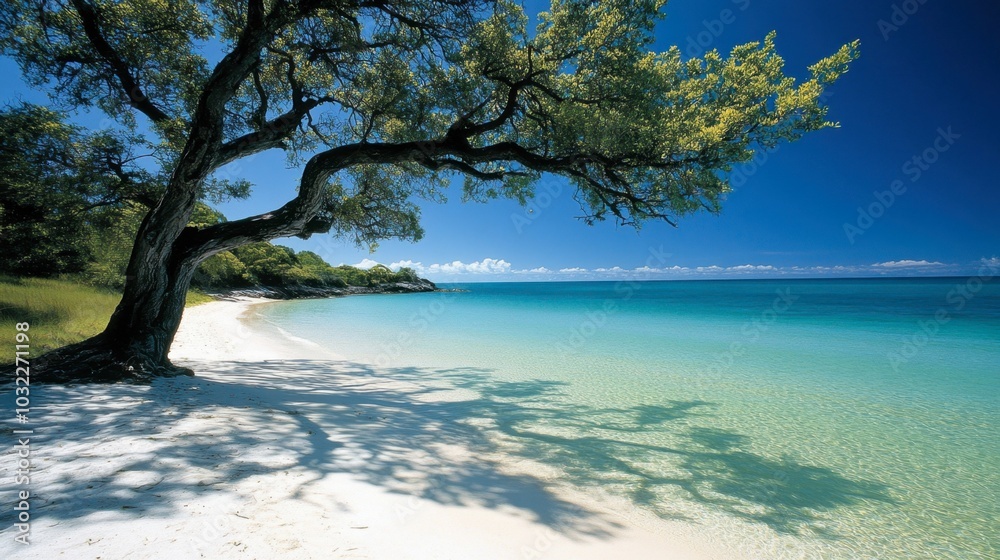 Tranquil Beach with Clear Water and Lush Green Trees Tranquil Beach with Clear Water and Lush Green Trees