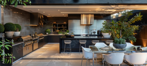 BBQ zone. BBQ area with kitchen. Recreation area in the backyard. 