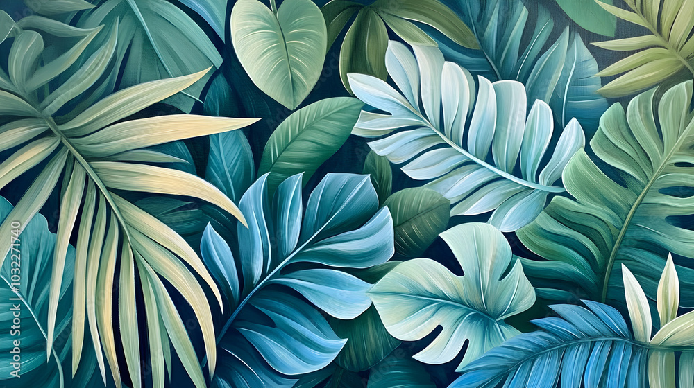 custom made wallpaper toronto digitalA lush arrangement of tropical leaves intertwined in a soothing palette of greens and blues creating a peaceful natural scene