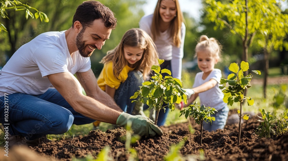 A group of happy adults and children are planting trees in a park, garden, and farm. They are volunteering to help protect the environment and make the world a greener place. A group of happy adults and children are planting trees in a park, garden, and farm. They are volunteering to help protect the environment and make the world a greener place.
