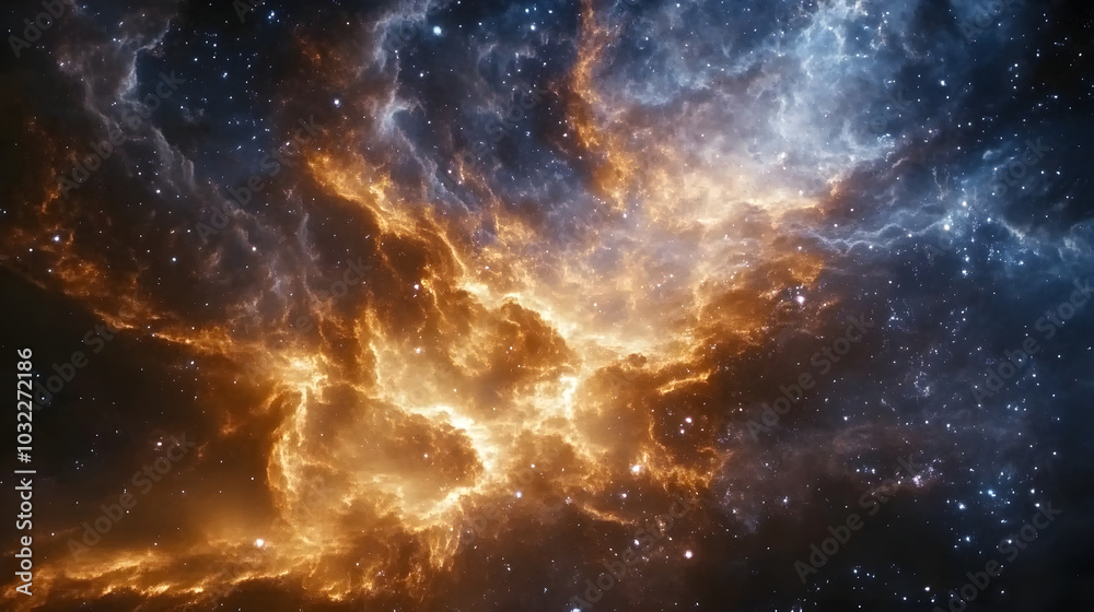 Naklejka premium A cosmic view of swirling dust clouds and radiant stars as the universe unfolds in a brilliant display of energy