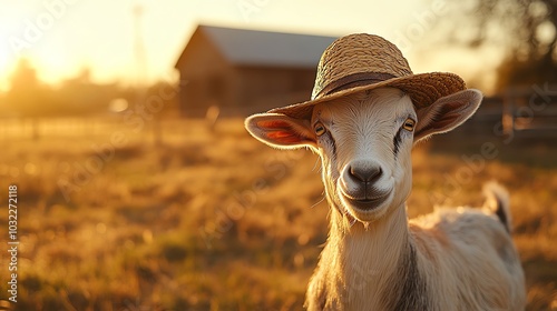 A goat chewing on a farmers hat, wideangle shot, rustic barn in the background, warm golden hour light, playful atmosphere with vivid textures photo