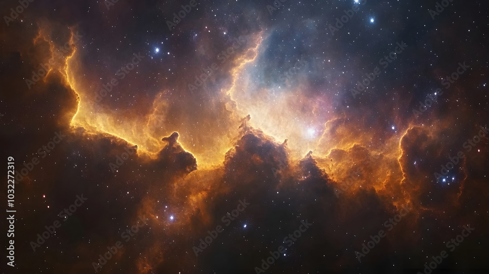 Fototapeta premium A deep space nebula where glowing clouds of gas and distant stars create a surreal and dreamlike scene
