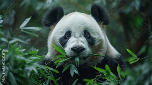 A close-up portrait of a giant panda eating bamboo in a lush forest.