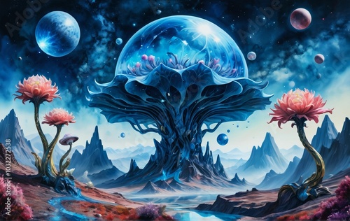 Surreal alien landscape with large blue mushroom structure and vibrant pink flowers under celestial bodies