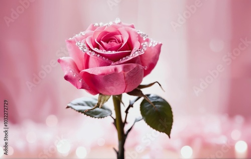 Pink rose with sparkling water droplets on petals against soft pink background with bokeh lights