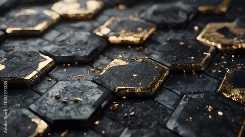 A close-up of the hexagonal tiles on a floor, each tile made up of gold and black metal, against a dark background