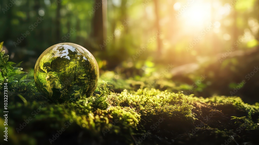 A glass globe reflecting a forest scene sits on a bed of green moss, with the sun shining through the trees in the background. A glass globe reflecting a forest scene sits on a bed of green moss, with the sun shining through the trees in the background.