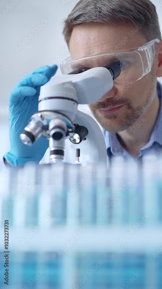 Man scientist with protective glasses and gloves is using microscope in laboratory, vertical portrait of researcher. Microbiology science concept Man scientist with protective glasses and gloves is using microscope in laboratory, vertical portrait of researcher. Microbiology science concept