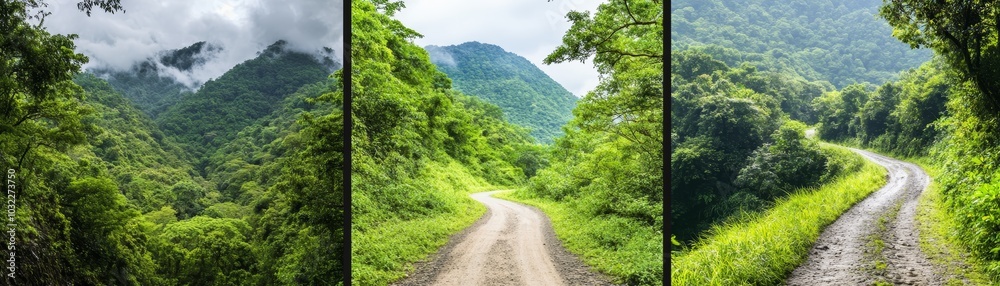 Lush green mountains and winding pathways under varying cloud cover create a serene natural landscape. Lush green mountains and winding pathways under varying cloud cover create a serene natural landscape.