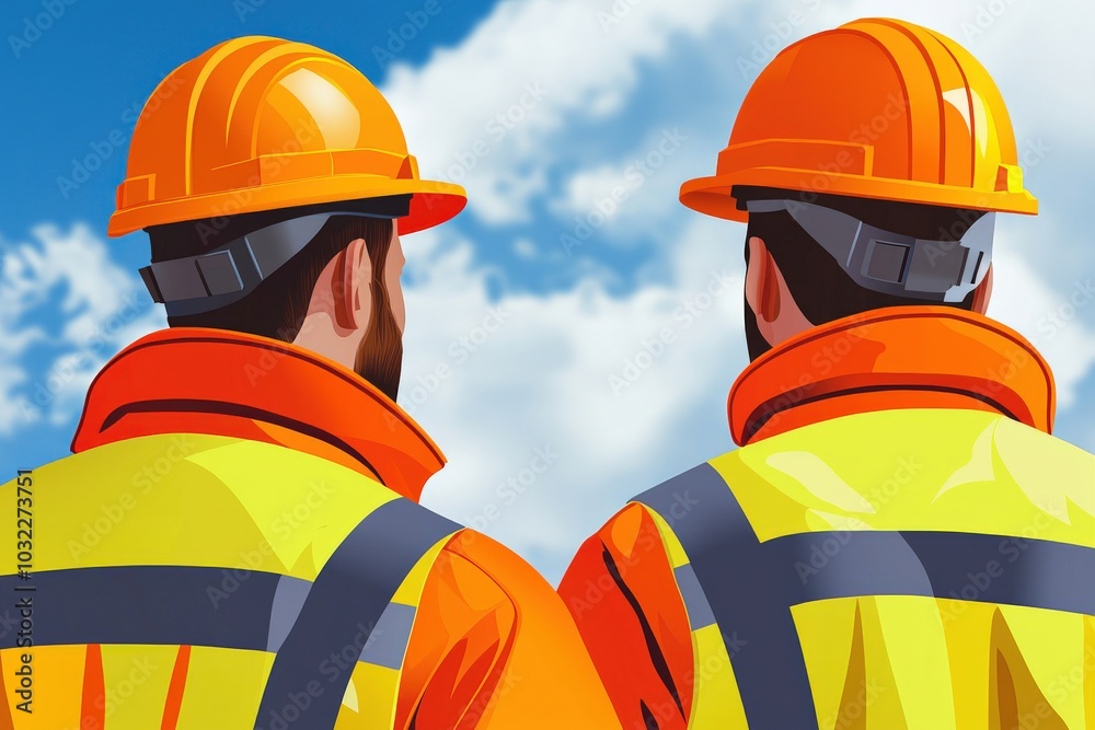 Two Construction Workers Overseeing a Project Under a Bright Blue Sky with Clouds Two Construction Workers Overseeing a Project Under a Bright Blue Sky with Clouds