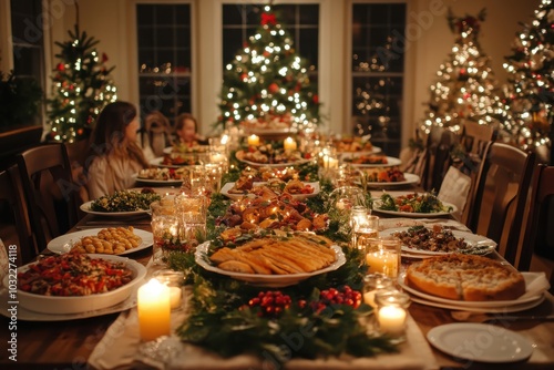 Festive dinner table decorated with dishes, candles, and Christmas trees.