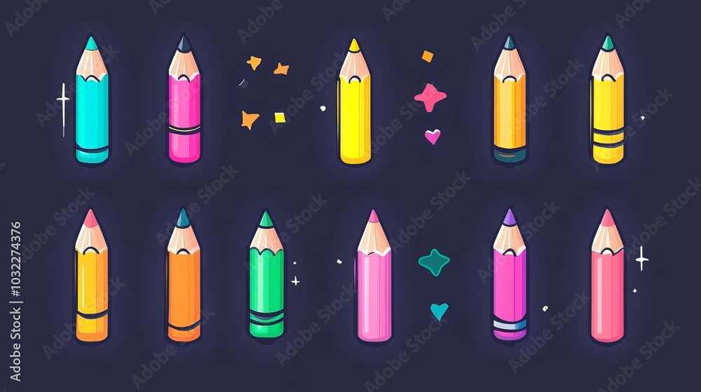 A set of colorful pencil icons, designed in a simple flat style. These icons represent crayons and are perfect for projects related to drawing and art. A set of colorful pencil icons, designed in a simple flat style. These icons represent crayons and are perfect for projects related to drawing and art.