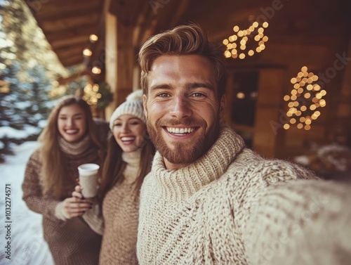 Friends enjoying a winter holiday celebration with warm sweaters and smiles.