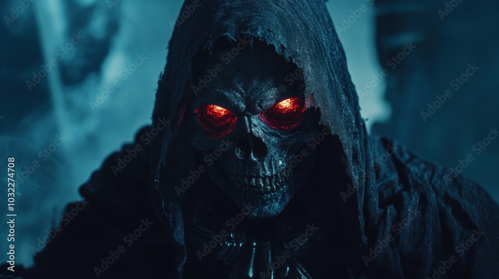 Grim reaper with scythe. Halloween theme poster.