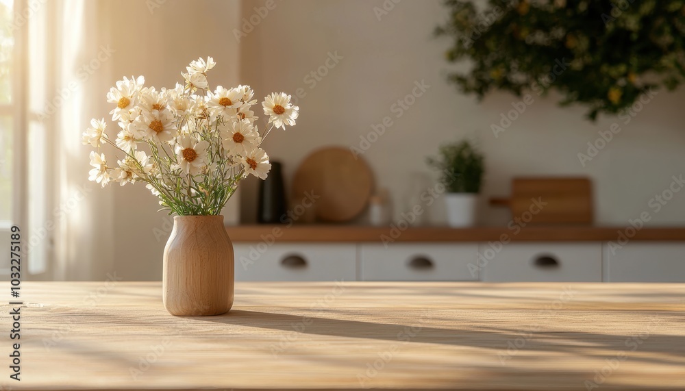 A bright and inviting kitchen interior featuring a wooden table adorned with a vase of fresh flowers. Soft sunlight filters through, creating a warm and welcoming atmosphere ideal for home gatherings. A bright and inviting kitchen interior featuring a wooden table adorned with a vase of fresh flowers. Soft sunlight filters through, creating a warm and welcoming atmosphere ideal for home gatherings.