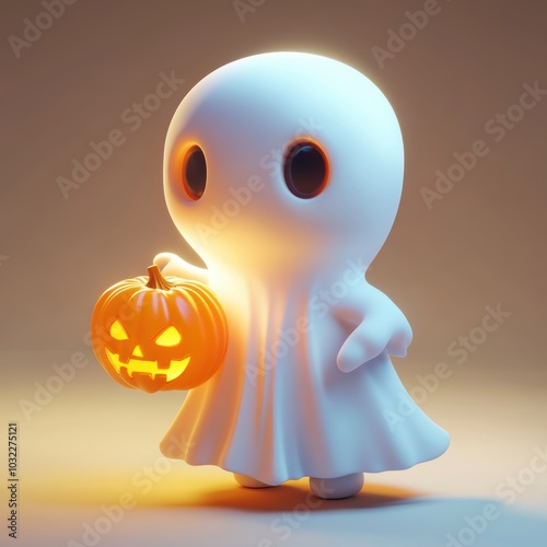 Cute ghost and pumpkin. Halloween decoration element.