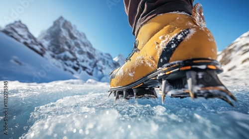 A climber's foot steps on a frozen surface, the boot fitted with crampons to grip the ice and snow. The snow-covered mountain peaks can be seen in the background.