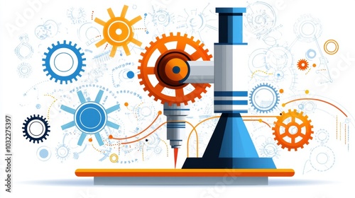 Colorful mechanical gears intertwined with a scientific instrument 