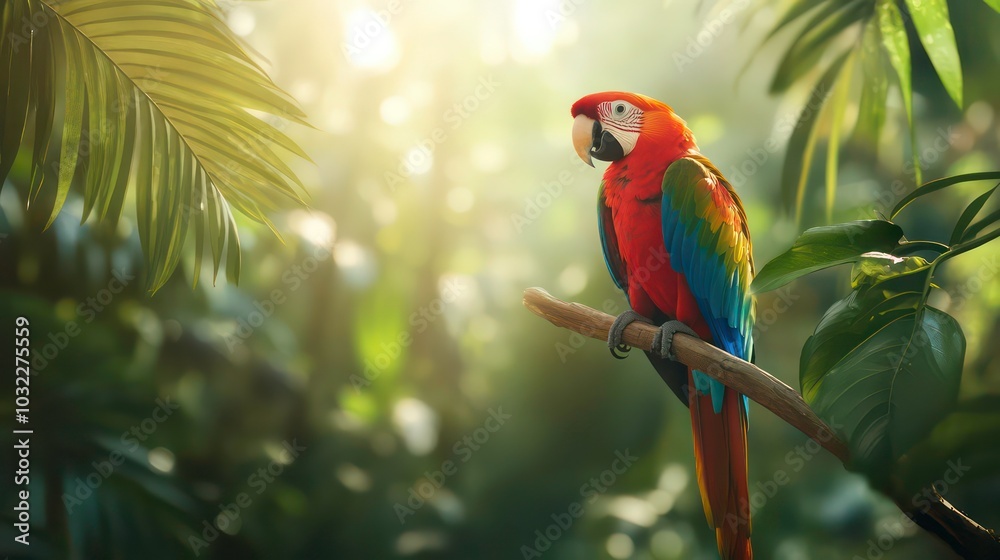 Obraz premium A vibrant scarlet macaw perched on a branch in a lush tropical rainforest, bathed in the warm glow of the morning sun.