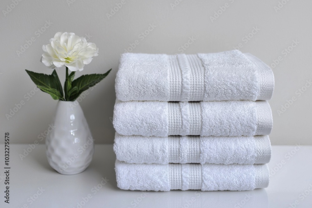A neat stack of white towels beside a decorative flower vase, creating a clean and calming atmosphere.