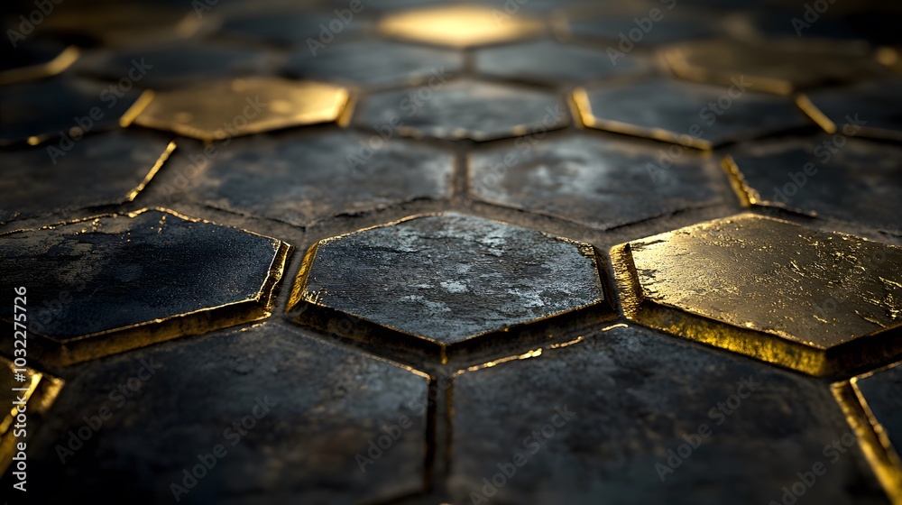 A close-up of the hexagonal tiles on a floor, each tile made up of gold and black metal, against a dark background