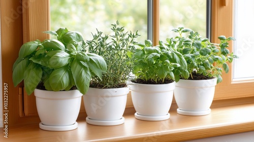 A row of potted herbs on a windowsill, showcasing greenery indoors.