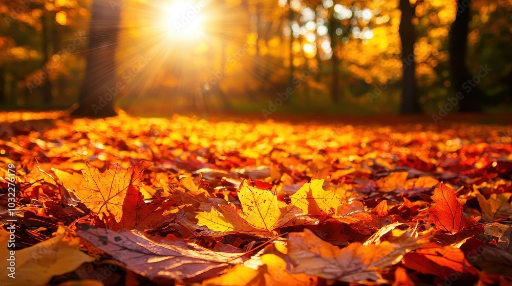 Scattered Autumn Leaves on Forest Floor at Sunset Scattered Autumn Leaves on Forest Floor at Sunset