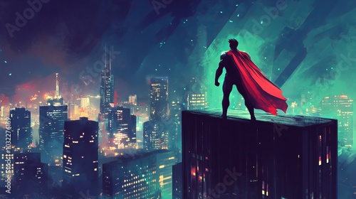 A superhero stands on a tall building, looking out over the city at night, ready to protect it.