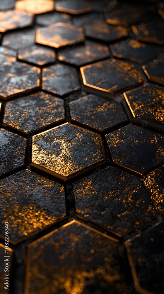 A close-up of the hexagonal tiles on a floor, each tile made up of gold and black metal, against a dark background