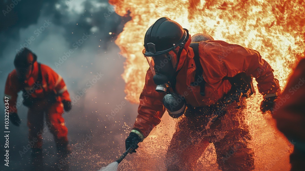 Obraz premium A firefighter in full gear runs toward a raging fire, spraying water from a hose. Another firefighter can be seen in the background.