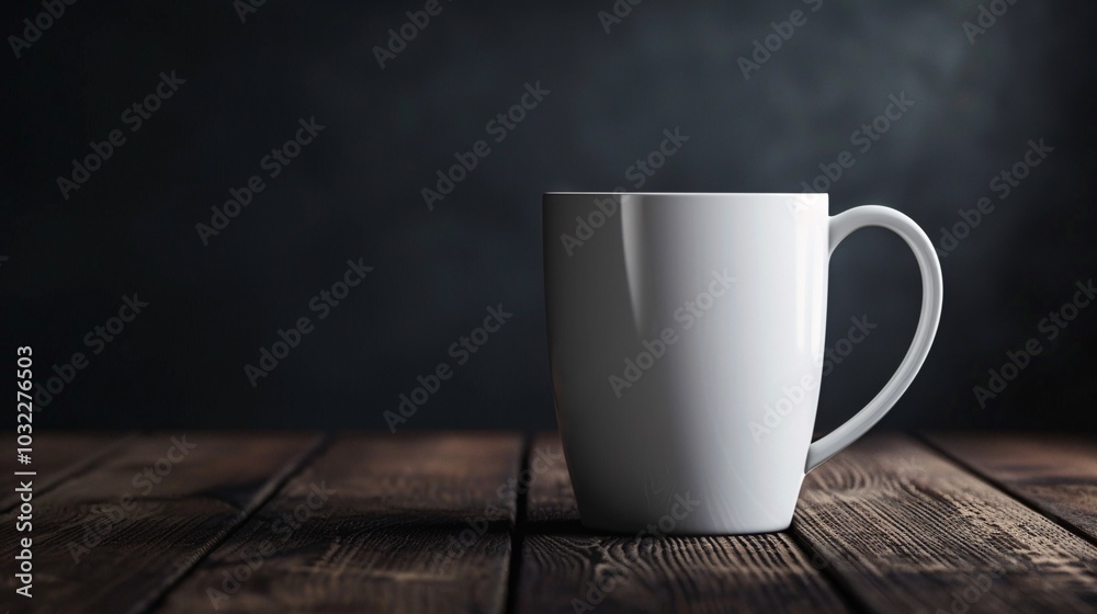 A white coffee mug with a glossy finish, set against a backdrop of colorful coffee beans. A white coffee mug with a glossy finish, set against a backdrop of colorful coffee beans.