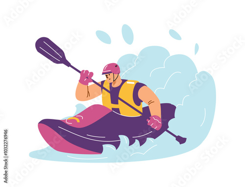 Vector illustration of a man kayaking on the water, holding an oar with strong hands