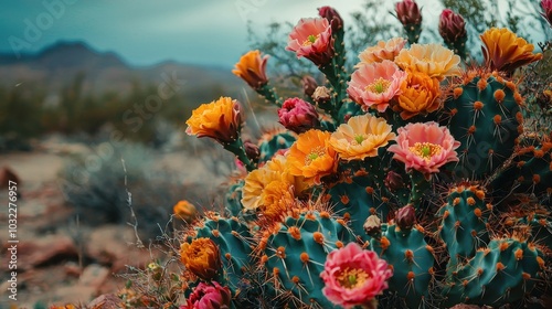 Vibrant Cactus Blooms in Desert Landscape