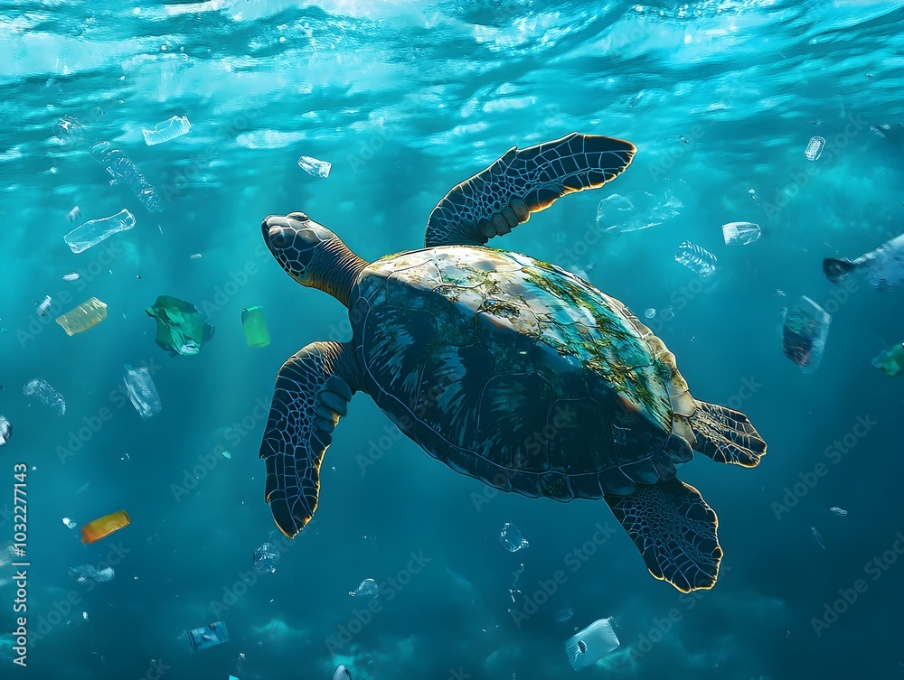 Fototapeta premium Sea Turtle Swimming Amid Marine Pollution