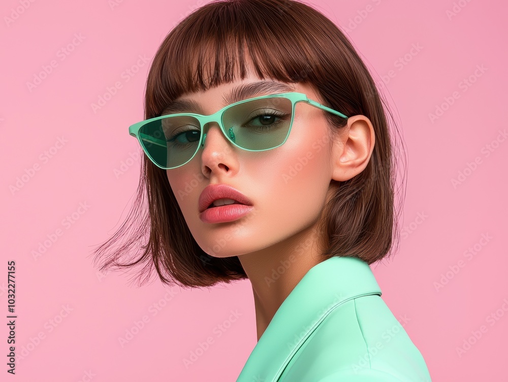 A stylish portrait showcasing a Korean female model in trendy green sunglasses against a vibrant pink background, exuding confidence and modern beauty.