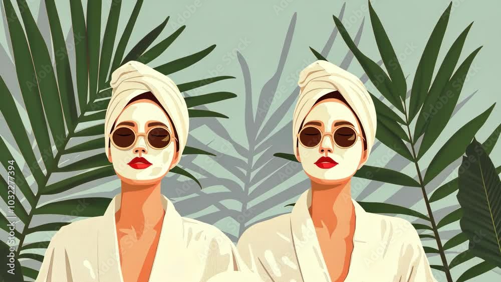 Retro Spa Day Illustration Featuring Two Twins Women in Face Masks and Turbans with Tropical Palm Leaves Background, Wellness or Cosmetic Design Themes, Summer Relaxation Concepts, Sisters Day. Retro Spa Day Illustration Featuring Two Twins Women in Face Masks and Turbans with Tropical Palm Leaves Background, Wellness or Cosmetic Design Themes, Summer Relaxation Concepts, Sisters Day.
