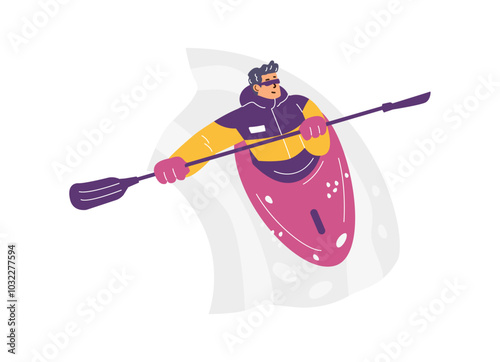 Vector graphics of a young man rowing a kayak on a white background