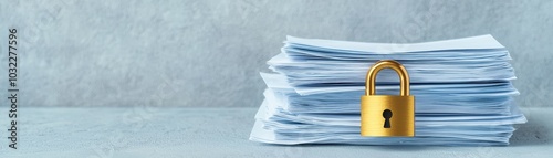 Stack of documents secured with a golden padlock on a grey background.