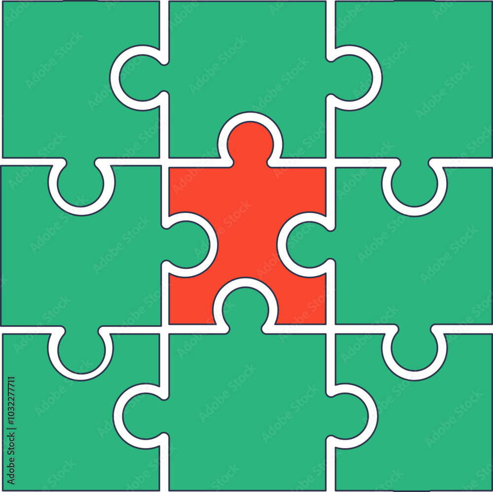 A single red puzzle piece fits perfectly into a larger green puzzle, symbolizing unity and completion. A single red puzzle piece fits perfectly into a larger green puzzle, symbolizing unity and completion.