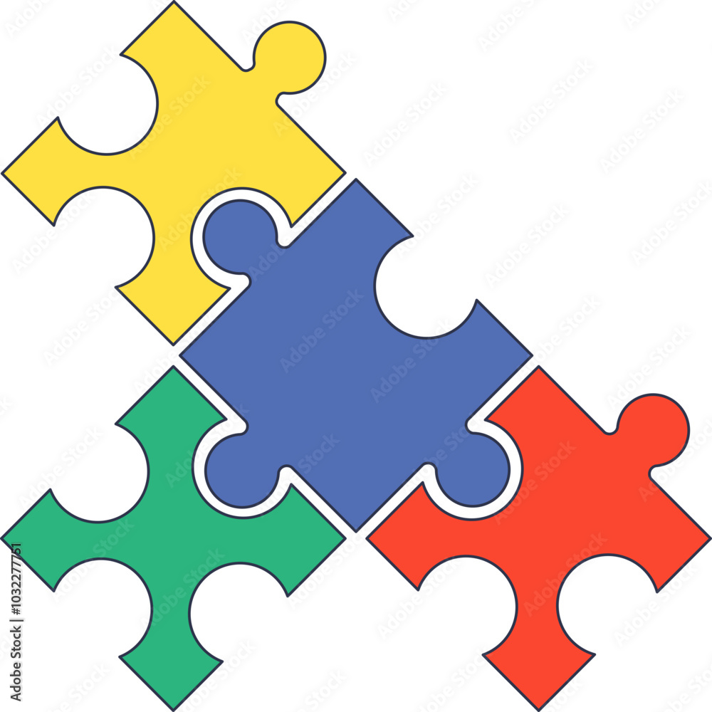 Four interlocking puzzle pieces in various colors symbolizing connection and teamwork. Four interlocking puzzle pieces in various colors symbolizing connection and teamwork.
