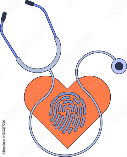 Stethoscope and heart with fingerprint symbolize personalized healthcare.