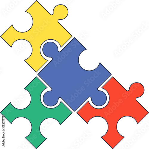 Four interlocking puzzle pieces in various colors symbolizing connection and teamwork.