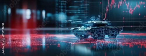 A futuristic tank sits against a backdrop of digital data and graphs, symbolizing the integration of technology and military strategy in modern warfare.