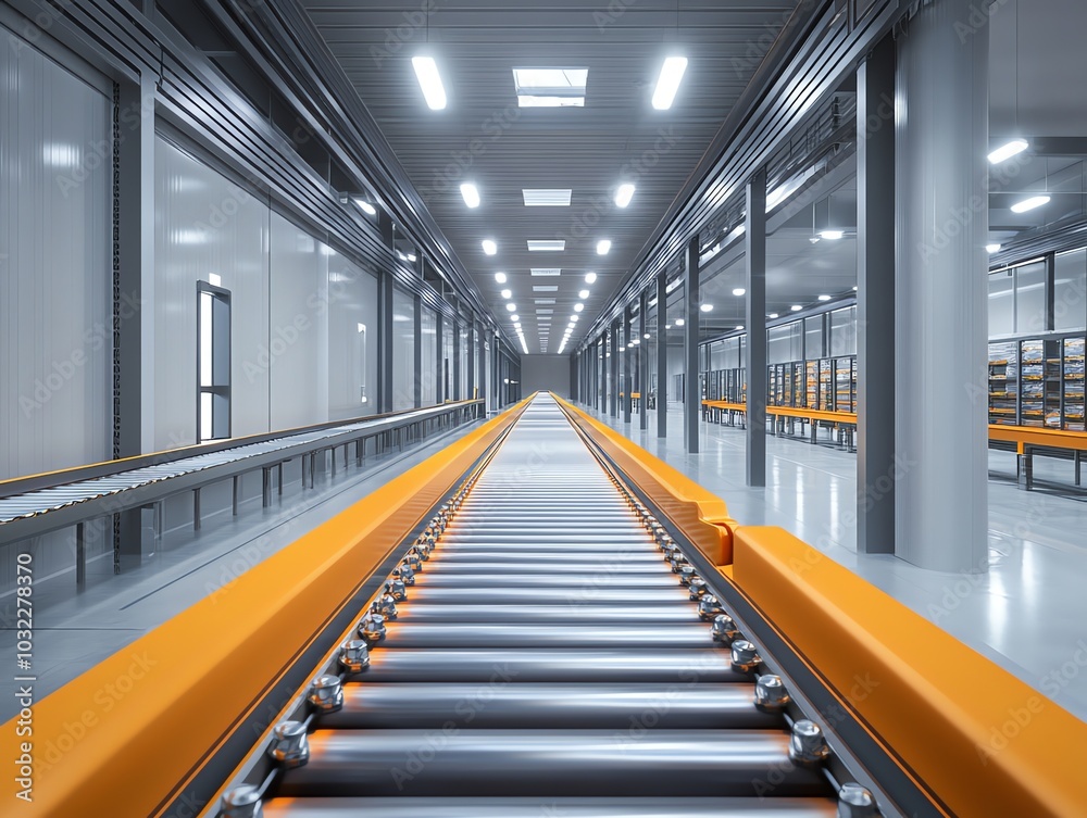 Obraz premium Empty conveyor belt system in a large warehouse.