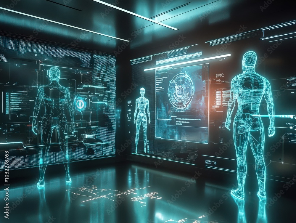 Futuristic Digital Environment Showcasing Human Figures and Advanced Technology in a Modern Setting for Enhanced Interaction and Visualization Futuristic Digital Environment Showcasing Human Figures and Advanced Technology in a Modern Setting for Enhanced Interaction and Visualization