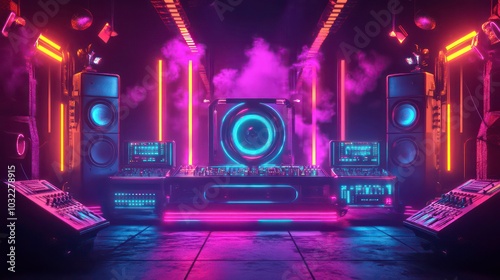 A futuristic DJ setup with neon lights and smoke.